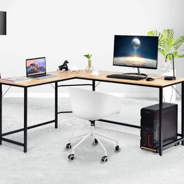 COSTWAY Kontorsmöbler>Stort hörnskrivbord L168 x W125 x H74CM - Upp till 3 datorer med CPU-hållare i industriell stil, ram i naturmetall