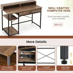 COSTWAY Kontorsmöbler>stort skrivbord - bildskärmsställ för 2 datorer, industriell stil 120 x 56 x 90,5 CM, 2 lådor, 2 bruna hyllor