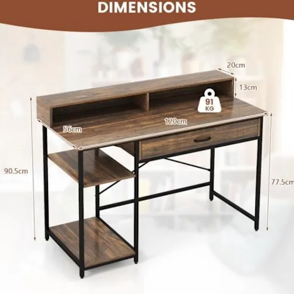 COSTWAY Kontorsmöbler>stort skrivbord - bildskärmsställ för 2 datorer, industriell stil 120 x 56 x 90,5 CM, 2 lådor, 2 bruna hyllor