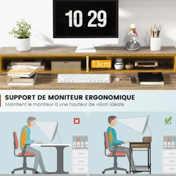 COSTWAY Kontorsmöbler>stort skrivbord - bildskärmsställ för 2 datorer, industriell stil 120 x 56 x 90,5 CM, 2 lådor, 2 bruna hyllor