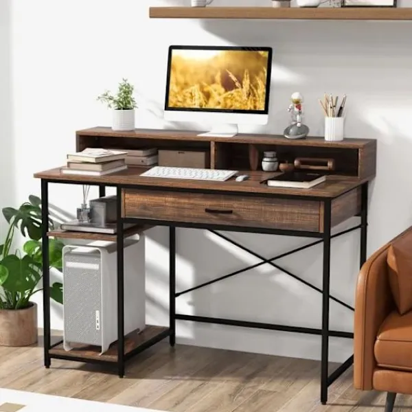 COSTWAY Kontorsmöbler>stort skrivbord - bildskärmsställ för 2 datorer, industriell stil 120 x 56 x 90,5 CM, 2 lådor, 2 bruna hyllor