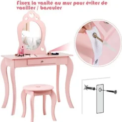 COSTWAY Sminkbord>toalettbord för barn med spegel, inklusive sminkbord och pall, avtagbar skiva,