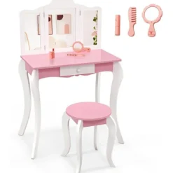 COSTWAY Sminkbord>toalettbord för barn med pall och avtagbar 3-faldig spegel, sminkbord med låda och anti-tilt-enhet