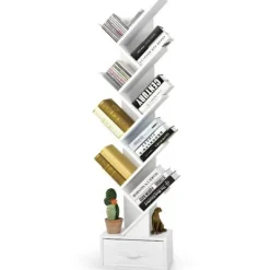 COSTWAY Hyllor>Trädformad bokhylla, modern bokhylla med tyglåda för kontor, arbetsrum och vardagsrum, vit