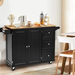 COSTWAY Köksö>Trolley on Wheels Rullande köksservice med hopfällbara träbänkskivor Förvaringsskåp