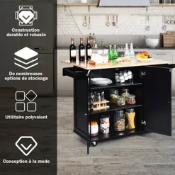 COSTWAY Köksö>Trolley on Wheels Rullande köksservice med hopfällbara träbänkskivor Förvaringsskåp