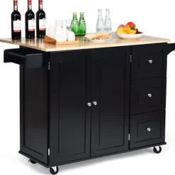 COSTWAY Köksö>Trolley on Wheels Rullande köksservice med hopfällbara träbänkskivor Förvaringsskåp