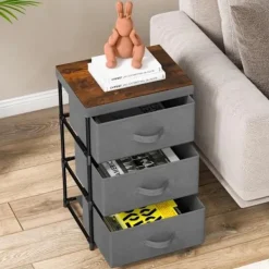 COSTWAY Byråer>tygbyrå med 3 lådor 48 x 20 x 76 cm, med metallram, förvaringslådenhet för sovrum, industri, grå