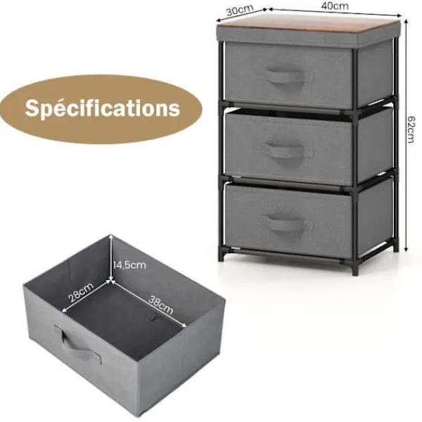 COSTWAY Byråer>tygbyrå med 3 lådor 48 x 20 x 76 cm, med metallram, förvaringslådenhet för sovrum, industri, grå