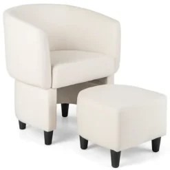 COSTWAY Fåtöljer>Velvet Upholstered Barrel Chair med ottomansk, massiv träram, halkfria filtdynor,