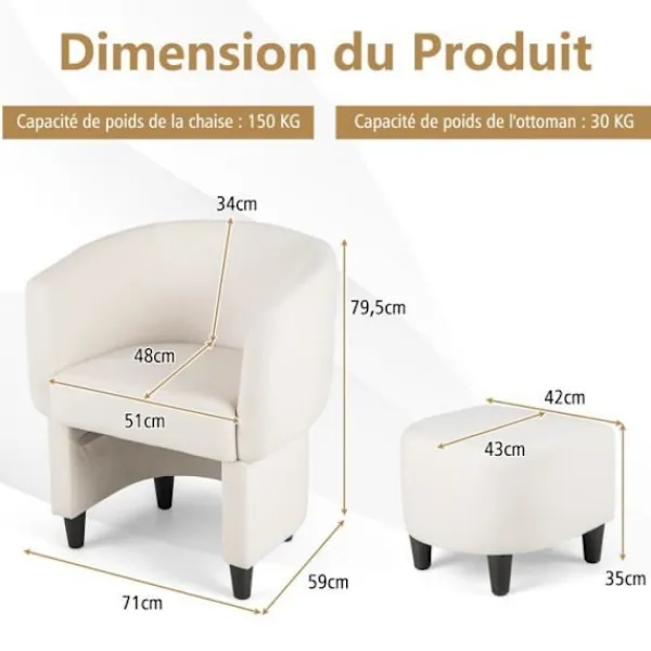 COSTWAY Fåtöljer>Velvet Upholstered Barrel Chair med ottomansk, massiv träram, halkfria filtdynor,