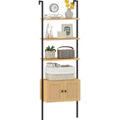 COSTWAY Hyllor>Vägghylla Stege 184 cm med 5 nivåer, Rotskåp, Metallram, Öppen hylla för Vardagsrum Kontor, Naturlig