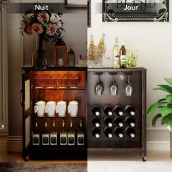 COSTWAY Sideboards>Vinbar med LED-lampor, Justerbara hyllor, Glas- och flaskstöd, Köksskänk på hjul