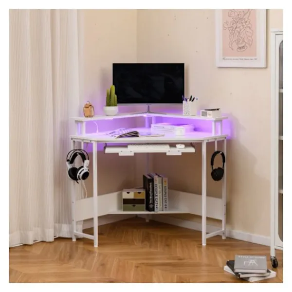 COSTWAY Kontorsmöbler>Vinkelkontor med Laddstation - LED - Fack för Tangentbord - Stöd för Skärm, Krokar och Hylla, 80x80x88cm Vit