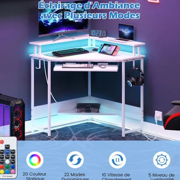 COSTWAY Kontorsmöbler>Vinkelkontor med Laddstation - LED - Fack för Tangentbord - Stöd för Skärm, Krokar och Hylla, 80x80x88cm Vit