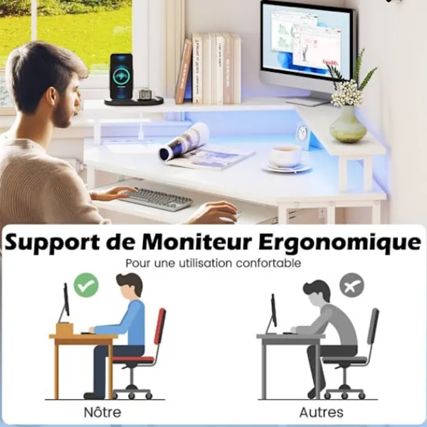 COSTWAY Kontorsmöbler>Vinkelkontor med Laddstation - LED - Fack för Tangentbord - Stöd för Skärm, Krokar och Hylla, 80x80x88cm Vit