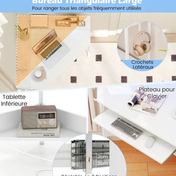COSTWAY Kontorsmöbler>Vinkelkontor med Laddstation - LED - Fack för Tangentbord - Stöd för Skärm, Krokar och Hylla, 80x80x88cm Vit
