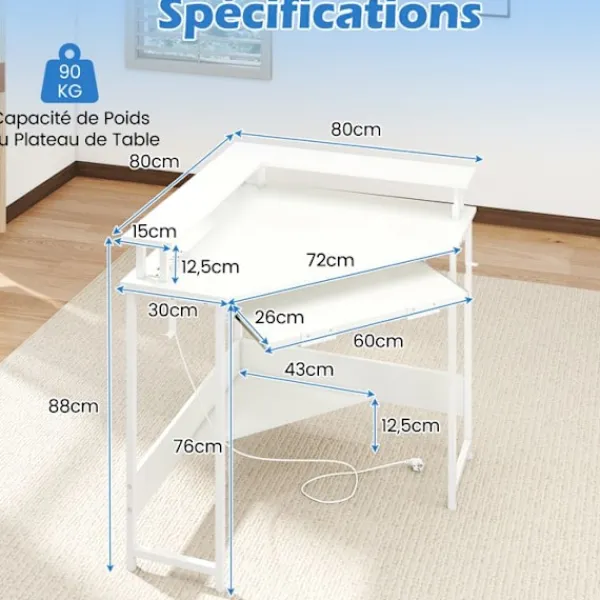 COSTWAY Kontorsmöbler>Vinkelkontor med Laddstation - LED - Fack för Tangentbord - Stöd för Skärm, Krokar och Hylla, 80x80x88cm Vit