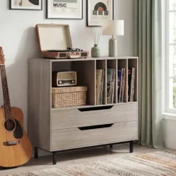 COSTWAY Sideboards>Vinylskivlagring med 2 lådor, 5 fack, 4 hyllor, för vardagsrum, musikrum, grå