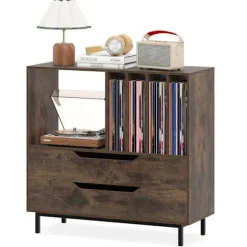 COSTWAY Sideboards>Vinylskivor Förvaringsstöd med 2 Lådor, 5 Fack, 4 Hyllor, för Vardagsrum, Musikrum Brun