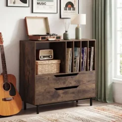 COSTWAY Sideboards>Vinylskivor Förvaringsstöd med 2 Lådor, 5 Fack, 4 Hyllor, för Vardagsrum, Musikrum Brun