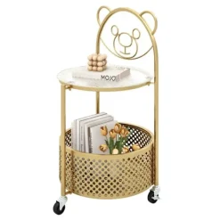 COSTWAY Småbord>2-vånings mobilt soffbord i glas, björndesign, förvaringskorg, metallram för vardagsrum, sovrum, guld