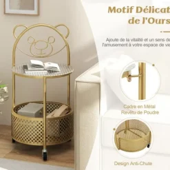COSTWAY Småbord>2-vånings mobilt soffbord i glas, björndesign, förvaringskorg, metallram för vardagsrum, sovrum, guld