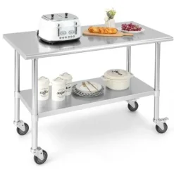 COSTWAY Matbord>2-vånings rostfritt stål rullande köksbänksbord med justerbar nedre hylla Max belastning 250 kg