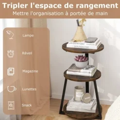 COSTWAY Småbord>3-vånings runt soffbord, sidobord med justerbara glider, industriellt sängbord för kontor i vardagsrummet i sovrummet | Fyndiq