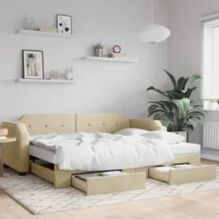vidaXL Soffor>Dagbädd utdragbar med lådor gräddvit 100x200 cm tyg