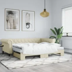 vidaXL Soffor>Dagbädd utdragbar med madrasser gräddvit 90x200 cm konstläder
