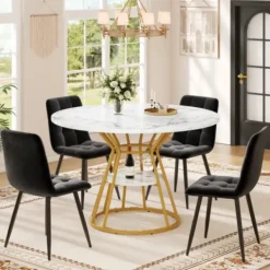 Matgrupper>5-delat matgrupp med 4 sammetsstolar & marmorbord | Runt bord 100x100x76cm | För 4 personer | Alternativ till soffbord | Svart