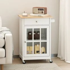 COSTWAY Köksö>Desserte de Cuisine Träplatta i Gummi med Låsbara Hjul, Låda, Handdukshängare, Justerbar Hylla, Glasdörr