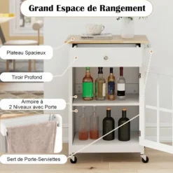 COSTWAY Köksö>Desserte de Cuisine Träplatta i Gummi med Låsbara Hjul, Låda, Handdukshängare, Justerbar Hylla, Glasdörr