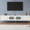 Tv-Bänkar>Elegant 170*35*50cm TV-skåp – Vit stomme med gyllene ben och handtag, 2 dörrar med vertikala räcken, 2 dörrar med välvt glas