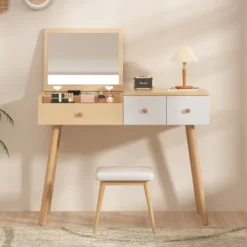 Sminkbord>Elegant sminkbord med spegel & lådor – Kosmetiskt träbord med stort förvaringsutrymme – 100×40×78 cm (B/D/H)