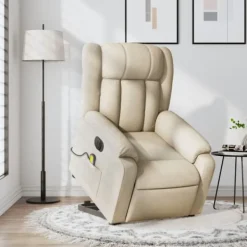 vidaXL Fåtöljer>Elektrisk massagefåtölj med uppresningshjälp gräddvit tyg