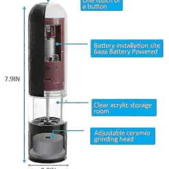 Matgrupper>Elektrisk salt- och pepparkvarn, automatisk enhandsmanövrering peppar- och saltkvarn med justerbar grovlek och batteridriven malning