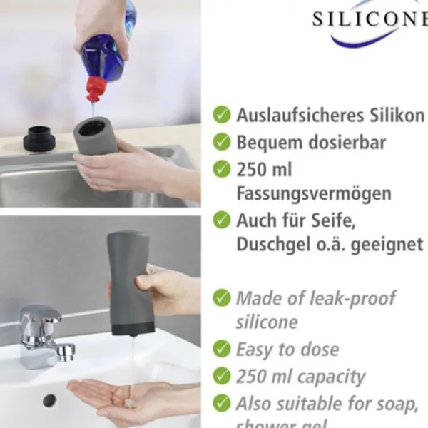 9484896354514 Sminkbord>Enkel diskmedelsdispenser för köket, exklusiv, enkel dosering, läckagesäker silikontvåldispenser, 250 ml kapacitet, 6 x 14 cm, grå