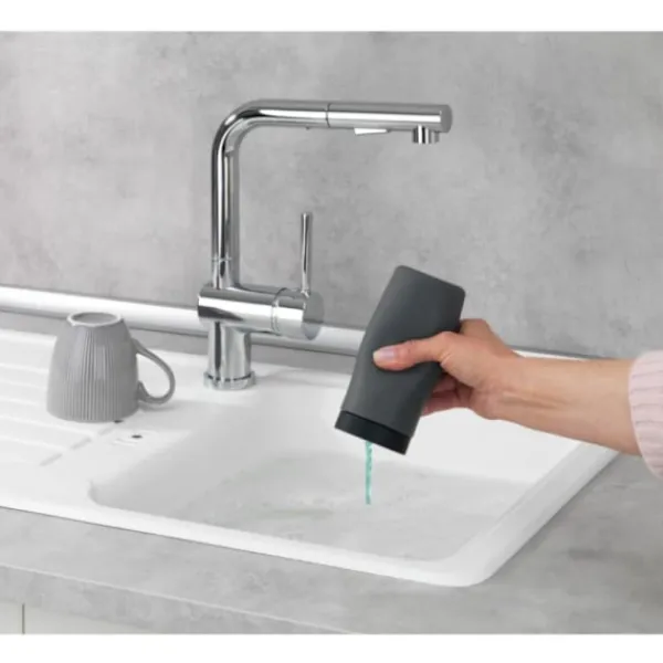 9484896354514 Sminkbord>Enkel diskmedelsdispenser för köket, exklusiv, enkel dosering, läckagesäker silikontvåldispenser, 250 ml kapacitet, 6 x 14 cm, grå