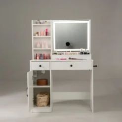 COSTWAY Sminkbord>Ensemble Coiffeuse och Taburett med LED Spegel , Justerbara Färger, Laddningsstation, 2 Lådor, Förvaringsutrymme,