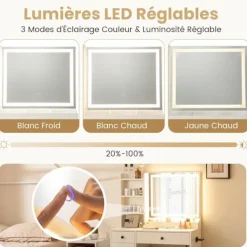 COSTWAY Sminkbord>Ensemble Coiffeuse och Taburett med LED Spegel , Justerbara Färger, Laddningsstation, 2 Lådor, Förvaringsutrymme,