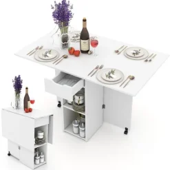 Northix Matbord>Fällbart matbord med 2 hjul, mobilt hopfällbart bord, matsalsbord med 2-vånings förvaringsutrymme och låda, vit