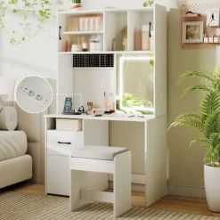 COSTWAY Sminkbord>Frisör och Pallar med Spegel , Justerbara Ljus, Laddstation, 3 Belysningslägen, Låda, Smyckesförvaring