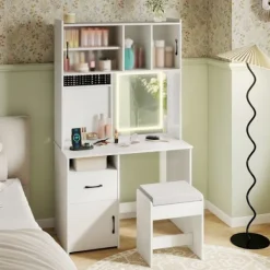 COSTWAY Sminkbord>Frisör och Pallar med Spegel , Justerbara Ljus, Laddstation, 3 Belysningslägen, Låda, Smyckesförvaring