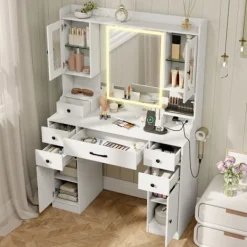 COSTWAY Sminkbord>Frisörbord med Spegel och Justerbart Ljus , Eluttag, 3 Ljuslägen, Hårtorkhållare, Stort Förvaringsutrymme