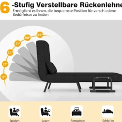B2X Fåtöljer>Fåtöljssäng med sängfunktion, hopfällbar soffa, bäddsoffa med justerbart ryggstöd och avtagbar dyna, svart