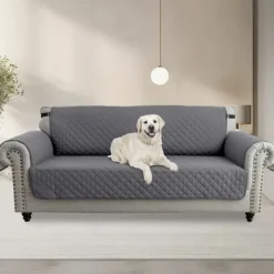 Soffor>Grå, tre-sits vattentät sofföverdrag med dragsko, maskin