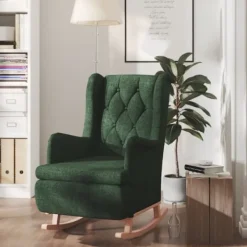 vidaXL Fåtöljer>Gungfåtölj med ben i massivt gummiträ mörkgrön tyg