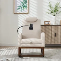 Fåtöljer>Gungstol med utdragbart fotstöd, högt ryggstöd, nackstöd och sidofickor; robust träram